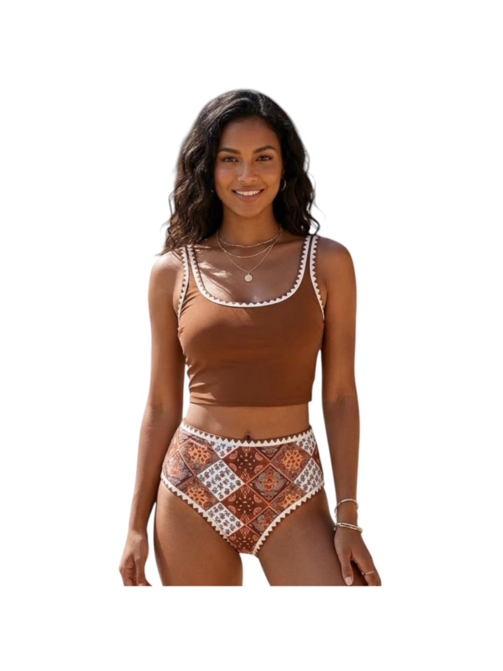 NWT ZAFUL Medium Brown Boho Patchwork High Waist Two Piece Swimsuit